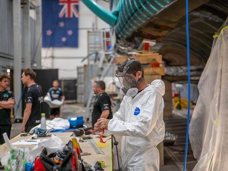 Emirates Team New Zealand design and shore crews work around the clock to repair their AC75 raceboat damaged on Thursday - August 31, 2024 - Barcelona - photo © Emirates Team NZ