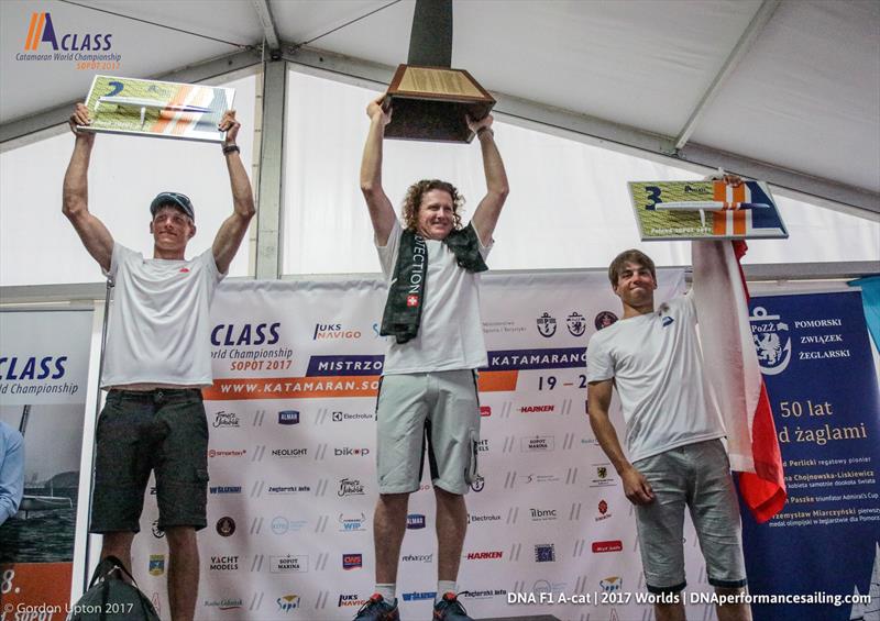 The podium, Tymuk, Stevie and Kuba, in the A Class Cat Worlds at Sopot, Poland photo copyright Gordon Upton taken at Sopot Sailing Club and featuring the A Class Catamaran class