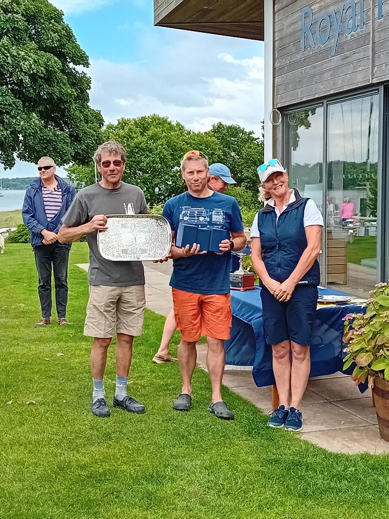 Ajax Nationals at Harwich: Derek and Chris Mayhew, winners of Du Sautoy Tray, second in National Championship in Indefatigable with class captain Jackie McKellar photo copyright Hazel Mayhew taken at Royal Harwich Yacht Club and featuring the Ajax class