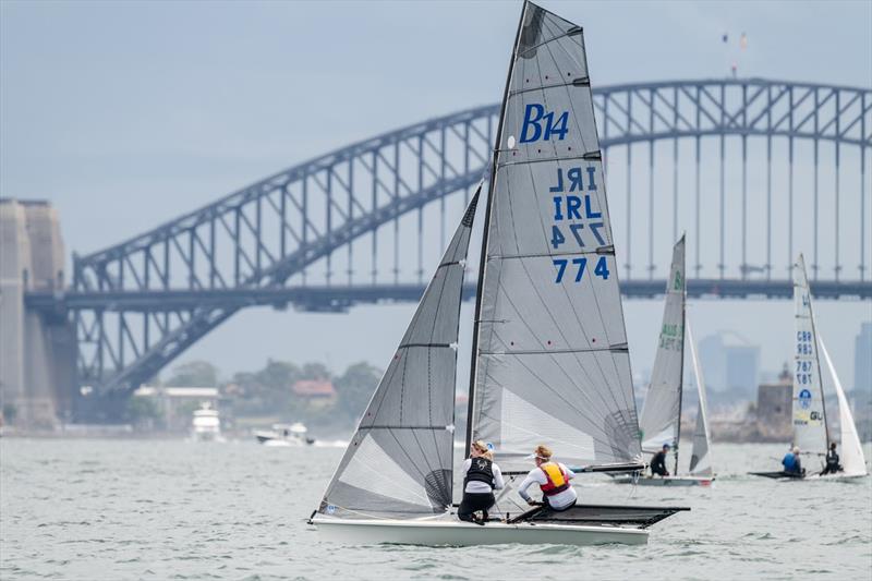 Chris Bateman and Lucy Loughton on Day 5 of the B14 Worlds 2025 on Sydney Harbour photo copyright Andrew Lee / @aclee.photo taken at Woollahra Sailing Club and featuring the B14 class