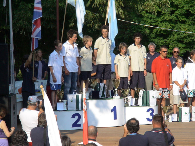 The winners podium at the Cadet worlds on Lake Balaton, Hungary photo copyright Mark Stone taken at  and featuring the Cadet class