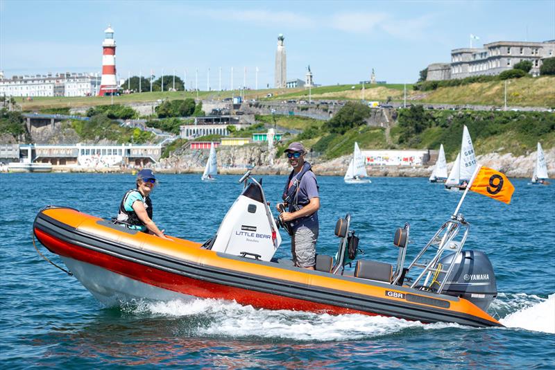 Alan and Helen Krayling in a RIB - ABP Cadet class World Championship in Plymouth photo copyright Paul Gibbins Photography taken at Mount Batten Centre for Watersports and featuring the Cadet class