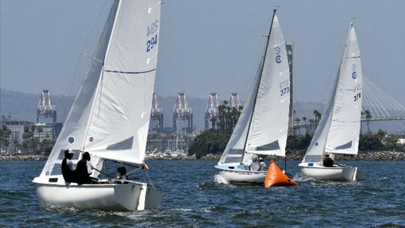 From left to right, Sail 294, Bill Schopp, Sluggo, 2nd place; Sail 373, Jeff Ives, Bravura, 1st place, and Sail 376, Mike DeBrincat, Bandini Mountain tied for 3rd photo copyright Laurie Morrison Photography taken at Shoreline Yacht Club and featuring the Cal 20 class