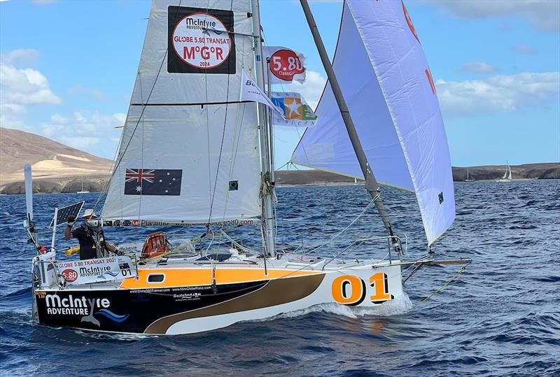 Don McIntyre onboard Trekka at the Lanzarote start of the Globe 580 Transat in November 2021. Twenty-eight days and 3,000 miles later, he arrived at the National Sailing Academy in Antigua. Trekka will sail in the 2025 MGR with Ertan Beskardes photo copyright Aïda Valceanu / CG580 taken at  and featuring the Class Mini 5.80 class