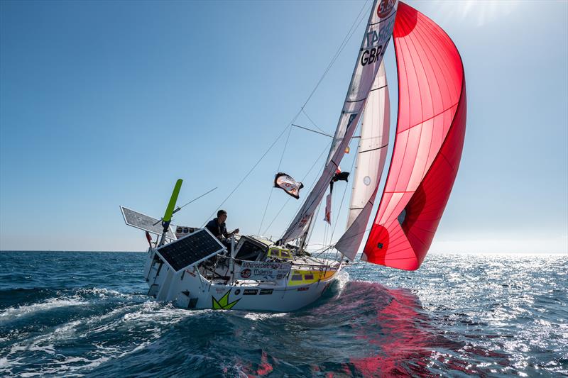 McIntyre Globe 580 Transat: Keri Harris (56, UK, #47 Origami), a retired navy officer and lifetime ultra-competitive dinghy sailor, crossed the line 35 minutes after the leaders, set the A3, and quickly started catching up - photo © Rob Havill / G580Transat / MGR2025