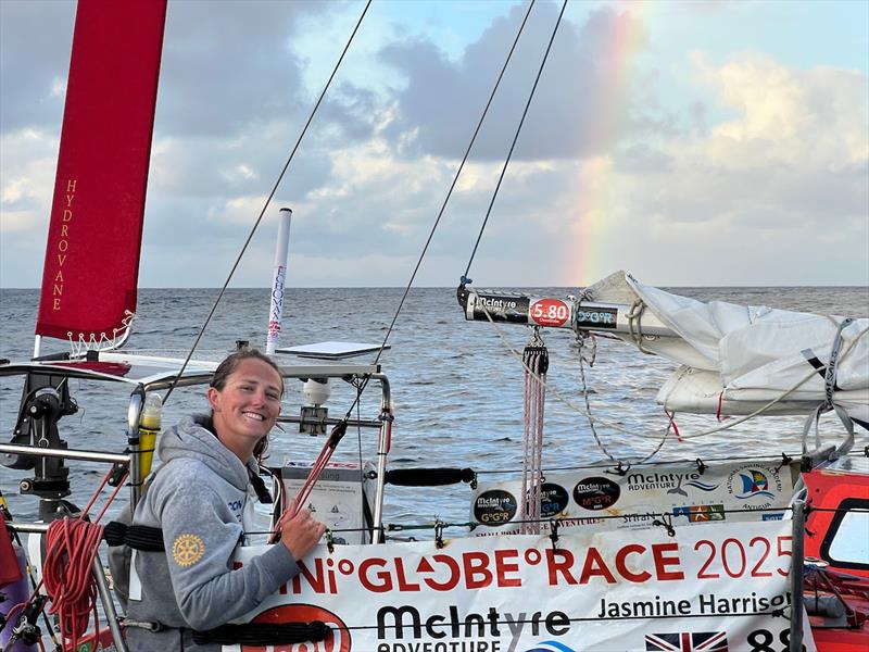 Jasmine Harrison (#88 Numbatou): Sailing into the National Sailing Academy under a rainbow, Jasmine was all smiles. Four years prior, she rowed solo across the Atlantic to Antigua photo copyright Don McIntyre / CG580T/ MGR2025 taken at  and featuring the Class Mini 5.80 class