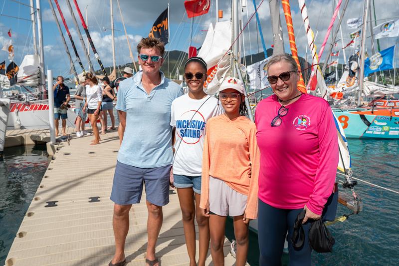 National Sailing Academy in Antigua: Host of last 3 editions of Globe 580 Transat races and now the first Mini Globe Race. Dennis Henri & Alison Sly-Adams (far left and right) are joined by Lia Goodwin & her mother Isis Goodwin on dock before departure - photo © Rob Havill / MGR2025