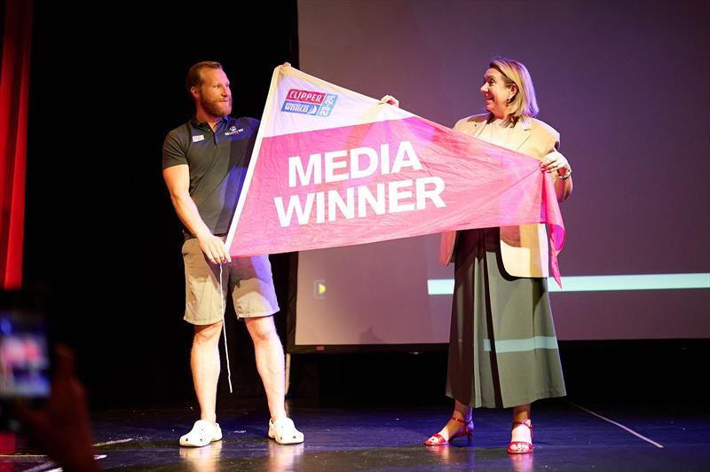 Clipper Race 13 - Pippa Milne, Chief Executive of Host Port Partner Argyll and Bute Council presents Paddy Moran with the Media Prize photo copyright Clipper Race taken at  and featuring the Clipper 70 class