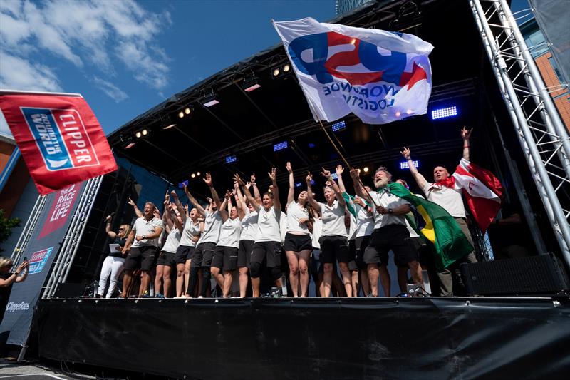 The entire PSP Logistics team takes to the stage in Portsmouth to celebrate their achievements over the last 11 months photo copyright Clipper Race taken at  and featuring the Clipper 70 class