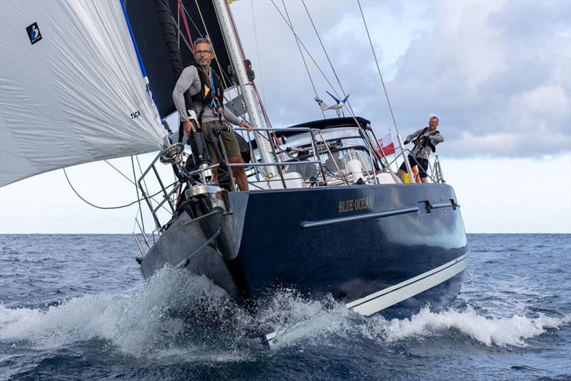 Beneteau 57 Blue Ocean (POL) powering into Rodney Bay to win ARC cruising class A photo copyright Tim Wright / photoaction.com taken at  and featuring the Cruising Yacht class