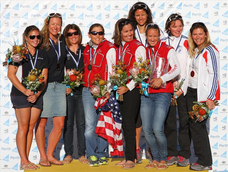 Perth 2011 ISAF Sailing Worlds Women's Match Racing medalists photo copyright Richard Langdon / Ocean Images taken at  and featuring the Elliott 6m class