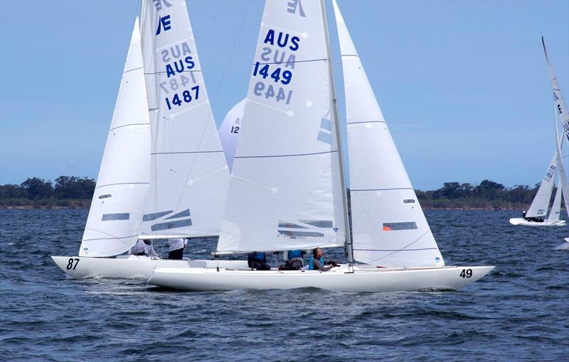 Jindivik AUS1487 and Game Plan AUS1449 turning for the leeward gate during race 7 of the Etchells 2025 Australian championship photo copyright Jeanette Severs taken at Metung Yacht Club and featuring the Etchells class