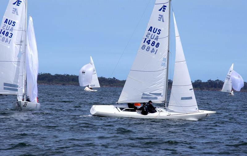 Great White Hunter AUS1483 and Playing Around 3 AUS1444 turn around the leeward gate during race 7 of the Etchells 2025 Australian championship - photo © Jeanette Severs