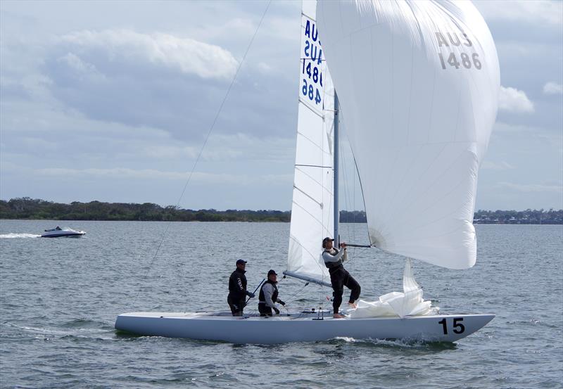 Magpie AUS1486 with Graeme Taylor, James Mayo and Ben Lamb on board, cross the finish line in second place in race 7, of the Etchells 2025 Australian championship photo copyright Jeanette Severs taken at Metung Yacht Club and featuring the Etchells class