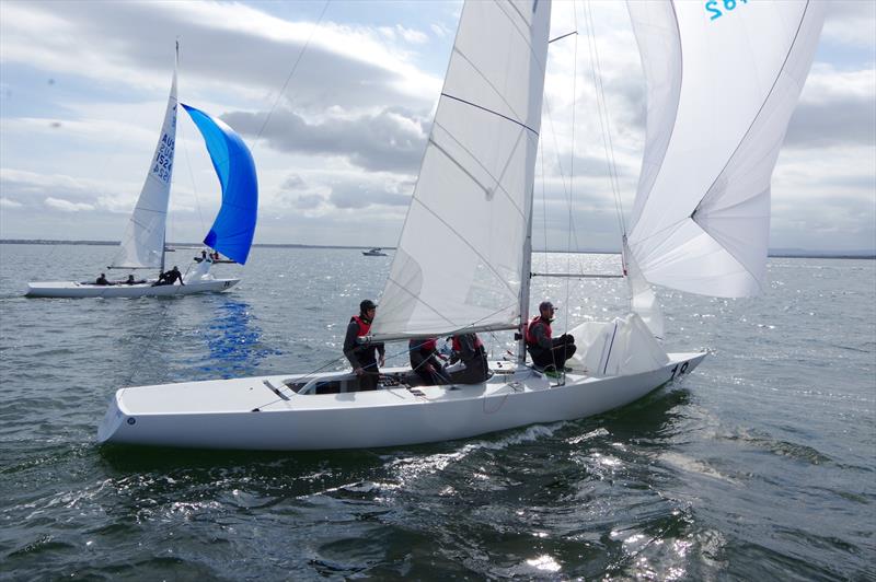 Crossing the finish line close together in race 7 of the Etchells 2025 Australian championship were Racer CC HKG1482, helmed by Mark Thornburrow and crewed by Malcolm Page, Mike Huang and Julian Plante, and Tiger AUS1524, helmed by Nigel Abbott and with C photo copyright Jeanette Severs taken at Metung Yacht Club and featuring the Etchells class