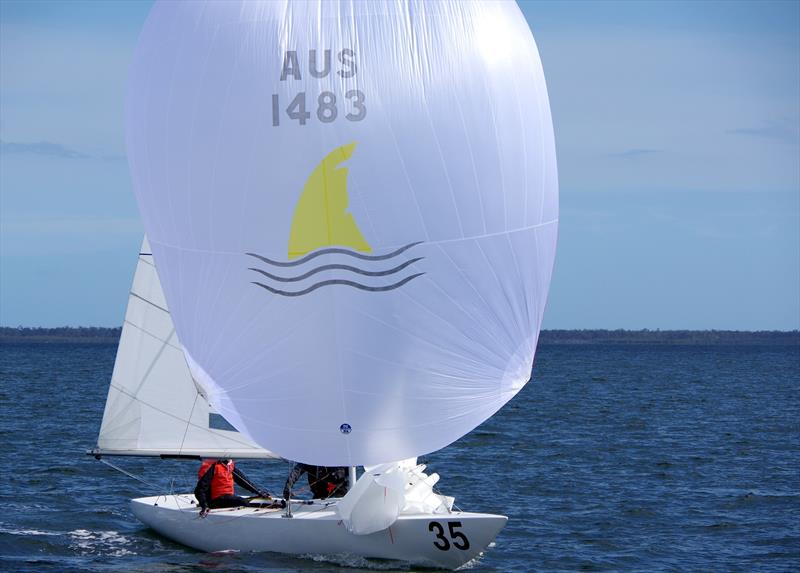 Great White Hunter AUS1483, with David Dunn, Sandy Higgins and Peter Bellingham on board, approaching the finish line in race 7, of the Etchells 2025 Australian championship photo copyright Jeanette Severs taken at Metung Yacht Club and featuring the Etchells class