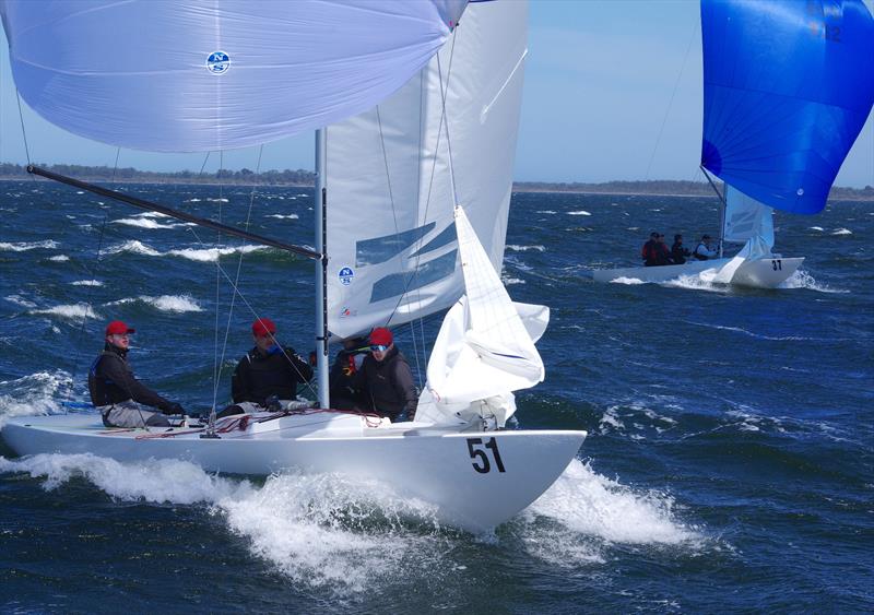 Sailing to Etchells Australian championship race 5 finish line - Lisa Rose with Jack Abbott on helm and crew of James McLennan, Tom Trotman & Xavier Winston-Smith, against Martin Naef's Karabos, with crew of Richard Parker, Andrew Herriot & William Hough photo copyright Jeanette Severs taken at Metung Yacht Club and featuring the Etchells class