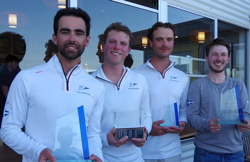 The Lisa Rose team with their Corinthian and Youth trophies won at the Etchells Australia 2025 Australian championship regatta, held at Metung on Lake King - Tom Trotman, Jack Abbott, Xavier Winston-Smith and James McLennan photo copyright Jeanette Severs taken at Metung Yacht Club and featuring the Etchells class