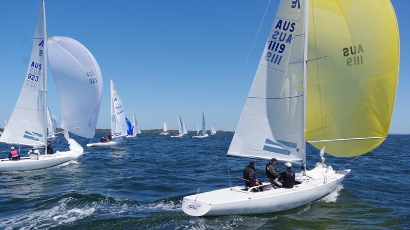 Northern Havoc AUS1119 and Apres La Mer AUS923 contest the finish line in the Etchells 2025 Australian championship. Northern Havoc is from Royal Sydney Yacht Squadron and Apres La Mer is among the Metung Yacht Club Etchells fleet - photo © Jeanette Severs