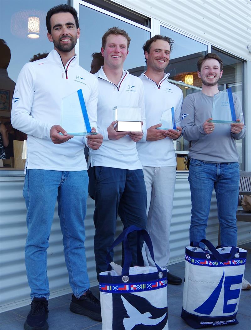 The Lisa Rose team with their Corinthian and Youth trophies won at the Etchells Australia 2025 Australian championship regatta, held at Metung on Lake King - Tom Trotman, Jack Abbott, Xavier Winston-Smith and James McLennan photo copyright Jeanette Severs taken at Metung Yacht Club and featuring the Etchells class