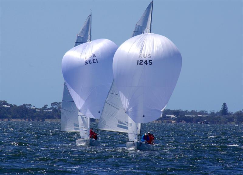 Come Monday AUS1332 and Quandong AUS1245 contest the Etchells 2025 Australian championship regatta photo copyright Jeanette Severs taken at Metung Yacht Club and featuring the Etchells class