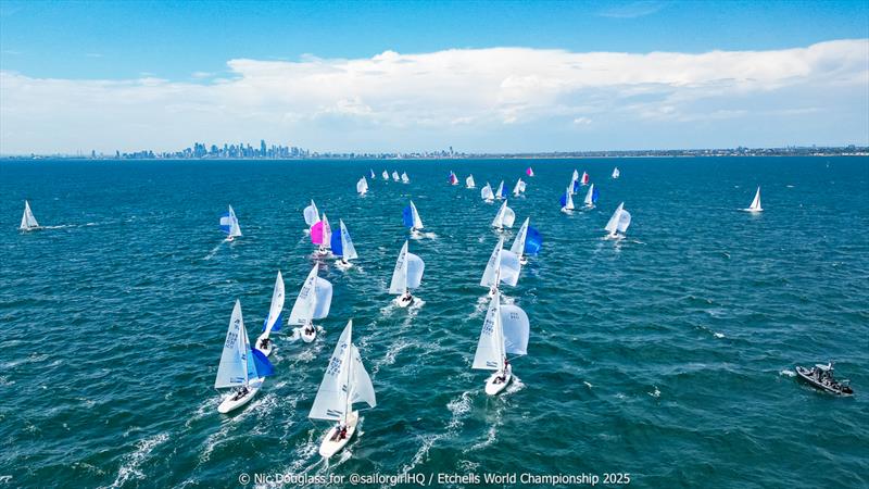 Downwind in Race 2 - Etchells World Championship 2025 day 1 - photo © Nic Douglass @sailorgirlHQ