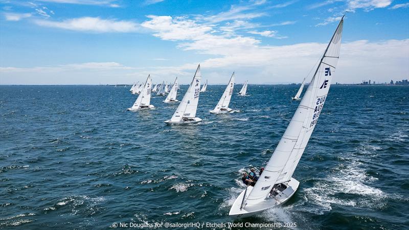 Flying High nailed the pin and headed left in Race 2 - Etchells World Championship 2025 day 1 - photo © Nic Douglass @sailorgirlHQ