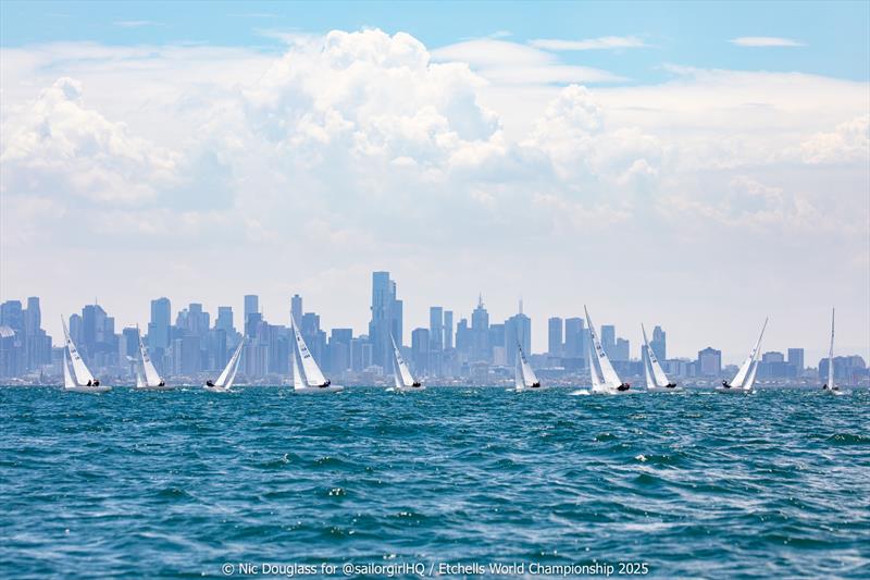 Fleet approaching in Race 1 - Etchells World Championship 2025 day 1 - photo © Nic Douglass @sailorgirlHQ