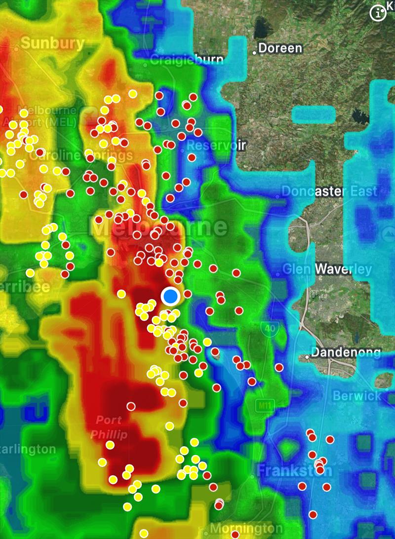 Lightning strikes and rain radar at midday today - Etchells World Championship 2025 - photo © Nic Douglass @sailorgirlHQ