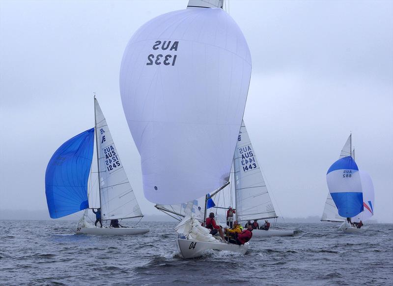 Come Monday leads the fleet in the downwind leg of race two in the 2025 East Gippsland Etchells Championship photo copyright Jeanette Severs taken at Metung Yacht Club and featuring the Etchells class