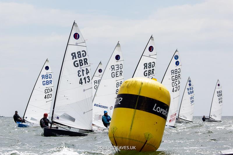 Alex Scoles leads the fleet to the windward mark in his Idol Composites boat during the Europe UK Nationals at Hayling Island - photo © Robert Deaves / www.robertdeaves.uk