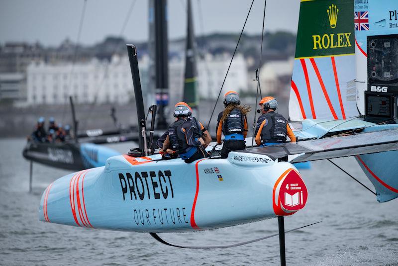 The Duchess of Cambridge takes the wheel as she competes alongside Sir Ben Ainslie for the Great Britain SailGP Team in a special one-off Commonwealth race against New Zealand SailGP Team on Race Day 2 of the Great Britain Sail Grand Prix | Plymouth - photo © Ricardo Pinto for SailGP