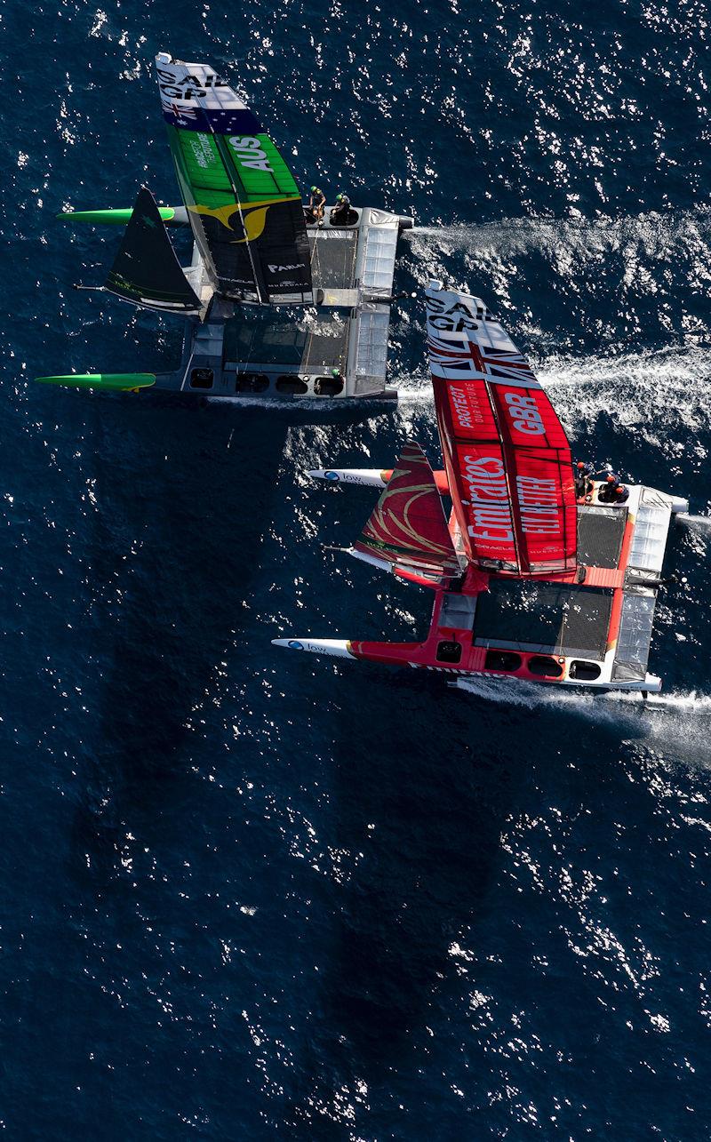 Side by side racing between Australia SailGP Team helmed by Tom Slingsby and Emirates Great Britain SailGP Team helmed by Ben Ainslie in the final of the France Sail Grand Prix in Saint-Tropez, France photo copyright Ian Walton for SailGP taken at  and featuring the F50 class