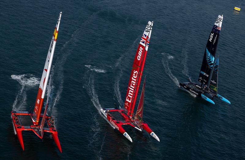 Spain SailGP Team, Emirates Great Britain SailGP Team and New Zealand SailGP Team in action on Race Day 1 of the Emirates Sail Grand Prix presented by P&O Marinas in Dubai, United Arab Emirates - photo © Felix Diemer for SailGP