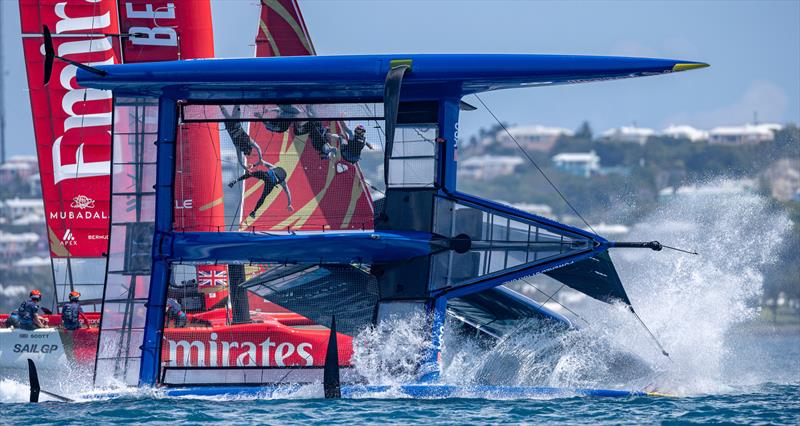 USA SailGP Team capsize as they sail closely past Emirates Great Britain SailGP Team and New Zealand SailGP Team during a practise session ahead of the Apex Group Bermuda Sail Grand Prix in Bermuda - May 3, 2024 - photo © Samo Vidic/SailGP