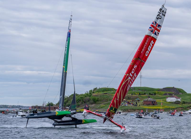 Emirates Great Britain SailGP Team helmed by Giles Scott and Australia SailGP Team helmed by Tom Slingsby evade a collision on Race Day 1 of the ROCKWOOL Canada Sail Grand Prix in Halifax, Canada - photo © Andrew Baker for SailGP