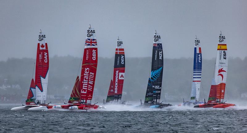 Canada SailGP Team leads Emirates Great Britain SailGP Team,  Denmark SailGP Team, New Zealand SailGP Team, France SailGP Team and Spain SailGP Team in heavy rain  - Rockwell SailGP Canada - June 2, 2024 - photo © Katelyn Mulcahy/SailGP