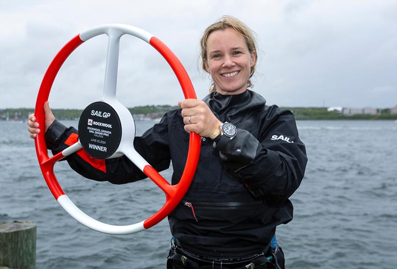 Hannah Mills, strategist of Emirates Great Britain SailGP Team, holds the winners trophy after Emirates Great Britain SailGP Team win the final race on Race Day 2  - Rockwell SailGP Canada - June 2, 2024 - photo © Katelyn Mulcahy/SailGP