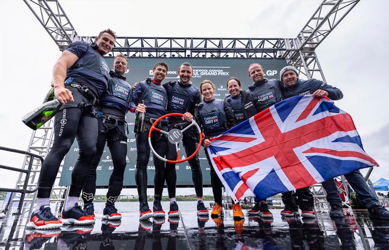 The Emirates Great Britain SailGP Team helmed by Giles Scott celebrate on stage with Barons De Rothschild Champagne and the winners trophy after winning the final race on Race Day 2 of the ROCKWOOL Canada Sail Grand Prix in Halifax, Canada - photo © Felix Diemer for SailGP