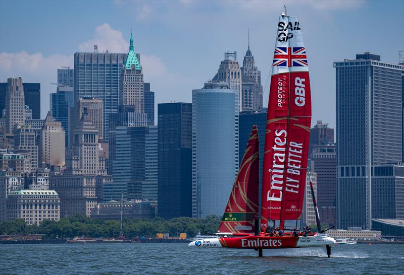 Emirates Great Britain SailGP Team helmed by Giles Scott sails past the New York City skyline during a practice session ahead of the Mubadala New York Sail Grand Prix in New York, USA - photo © Bob Martin for SailGP