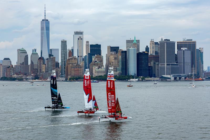 Emirates Great Britain SailGP Team, Canada SailGP Team and New Zealand SailGP Team sail past the New York City skyline - Race Day 2 of the Mubadala New York Sail Grand Prix - June 23, 2024  - photo © Simon Bruty/SailGP