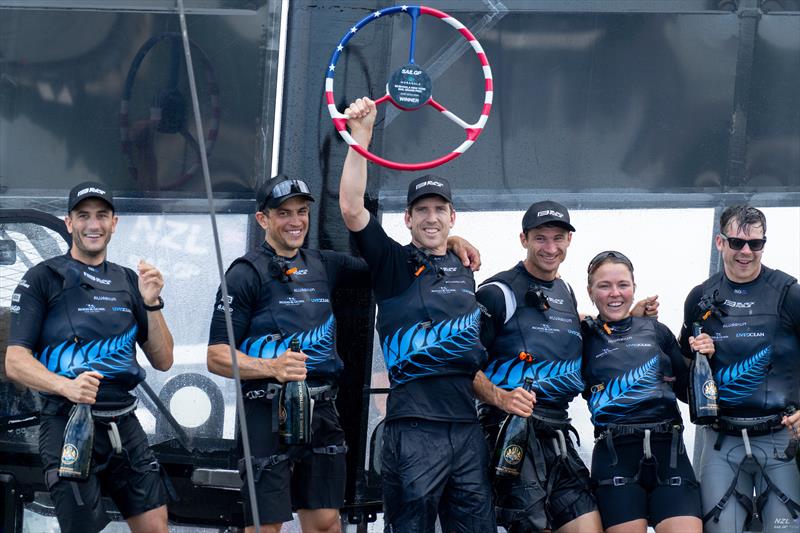 Peter Burling hold the winners trophy aloft- Race Day 2 of the Mubadala New York Sail Grand Prix - June 23, 2024  - photo © Bob Martin/SailGP