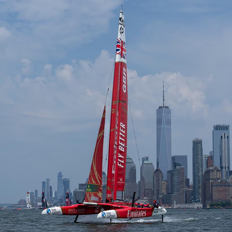 Emirates Great Britain SailGP Team helmed by Giles Scott sail past One World Trade Centre and the New York City skyline on Race Day 2 of the Mubadala New York Sail Grand Prix in New York, USA photo copyright Bob Martin for SailGP taken at  and featuring the F50 class