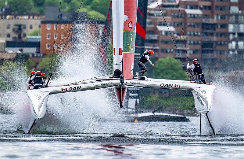 Annie Haeger, strategist of Canada SailGP Team, runs across the boat during a practice session ahead of the  Rockwool - Canada Sail Grand Prix in Halifax,  May 2024 photo copyright Ricardo Pinto/SailGP taken at Halifax Sailing Club and featuring the F50 class