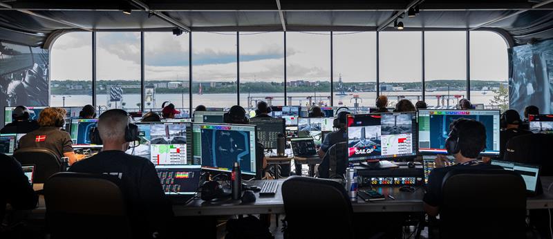 General view inside the Team Coach Booth and Race Management platform on Race Day 1 of the Rockwool Canada Sail Grand Prix in Halifax, Canada. June 2024 photo copyright Andrew Baker/SailGP taken at Halifax Sailing Club and featuring the F50 class