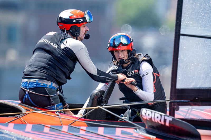 Annie Haeger, strategist of Canada SailGP Team, and Billy Gooderham, flight controller of Canada SailGP Team, in action on the grinding handles during a practice session ahead of the  Rockwool - Canada Sail Grand Prix in Halifax,  May 2024 - photo © Ricardo Pinto/SailGP