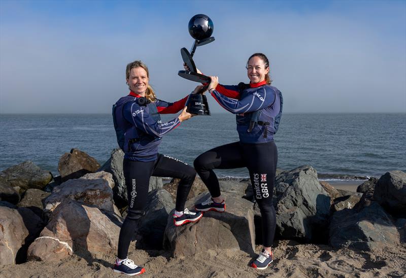 Emirates GBR's Hannah Mills (L) and Hannah Diamond (R) lift the Impact League Trophy - photo © Emirates Great Britain SailGP Team