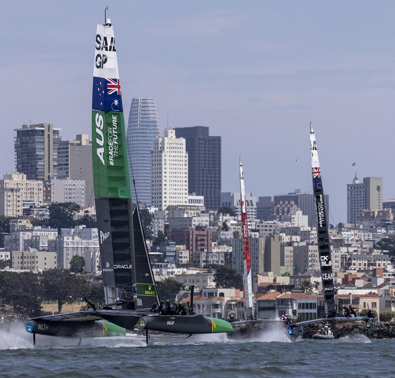 Australia SailGP Team helmed by Tom Slingsby, New Zealand SailGP Team helmed by Peter Burling and Canada SailGP Team helmed by Phil Robertson in action on Race Day 1 of the SailGP Season 4 Grand Final in San Francisco, USA - photo © Jed Jacobsohn for SailGP