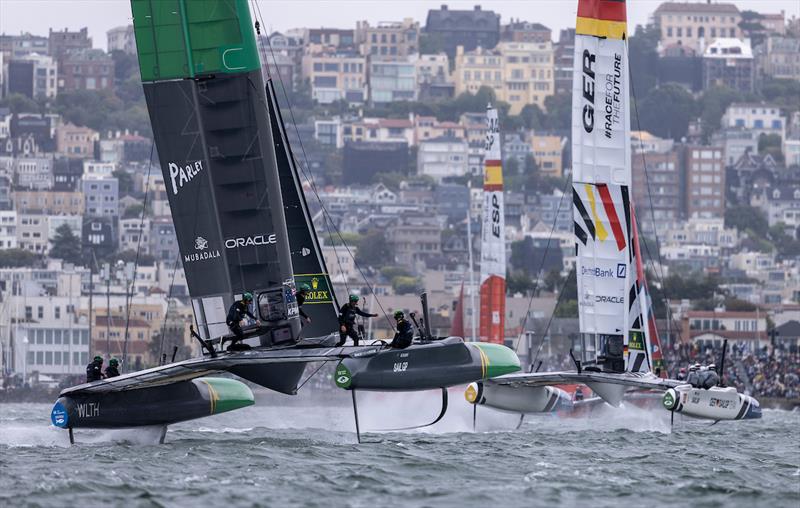 Australia SailGP Team helmed by Tom Slingsby and Germany SailGP Team helmed by Erik Heil in action on Race Day 1 of the SailGP Season 4 Grand Final in San Francisco, USA - photo © Samo Vidic for SailGP