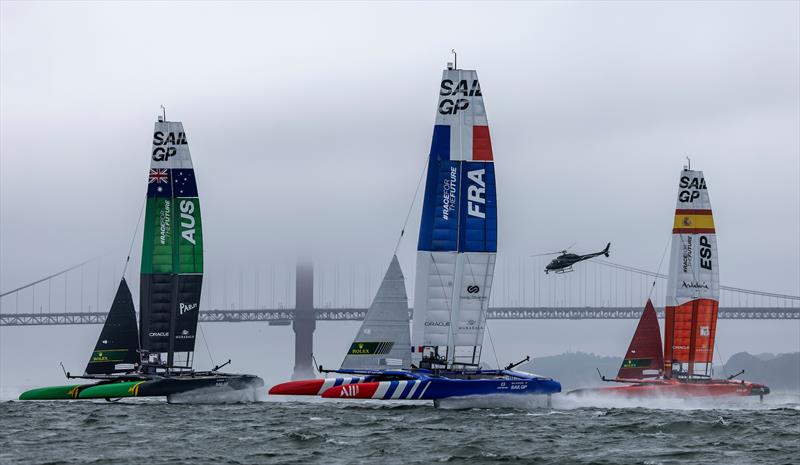 Australia SailGP Team helmed by Tom Slingsby, France SailGP Team helmed by Quentin Delapierre and Spain SailGP Team helmed by Diego Botin in action as they pass the Golden Gate Bridge on Race Day 1 of the SailGP Season 4 Grand Final in San Francisco - photo © Samo Vidic for SailGP